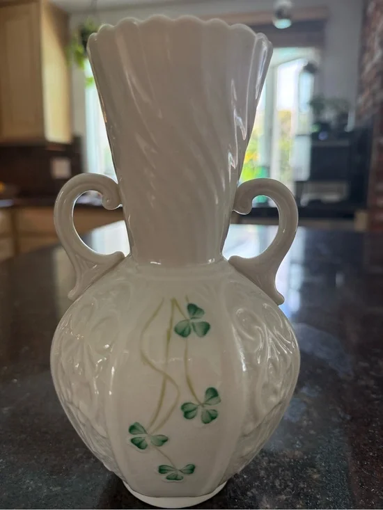 Belleek White Ceramic Two-Handled Vase with Green Clover Accents