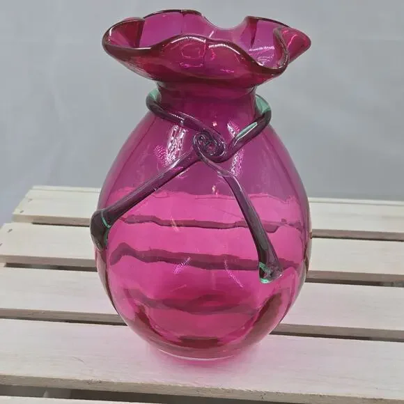 Pink & Green Art Glass Vase, Ruffled Rim, Glossy