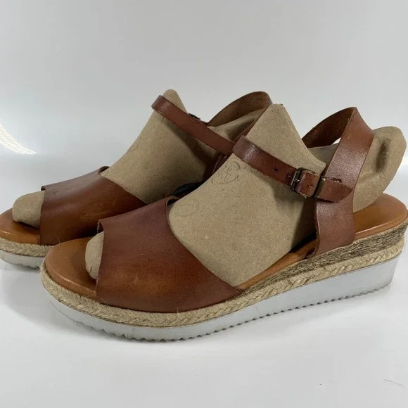 Sz 9.5-10 Bertuchi Brown Leather Espadrille Platform Sandals Made in Spain