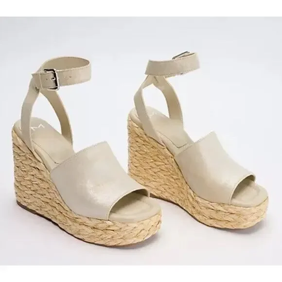 New Marc Fisher LTD Nelly Suede Espadrille Wedge Sandals Ankle Strap Natural 9M‎
