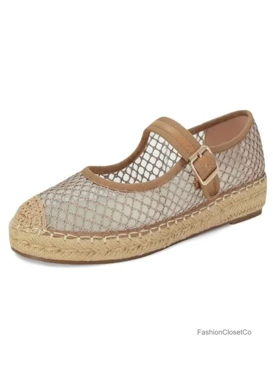 Mesh Woven Raffia Platform Mary Jane Flats for Women Espadrilles Summer Buckle