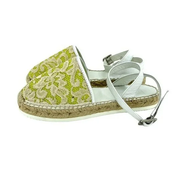 My Twin Twinset D'Orsay Lime Green Lace Leather Espadrilles Sz 37 US 6.5 US NIB
