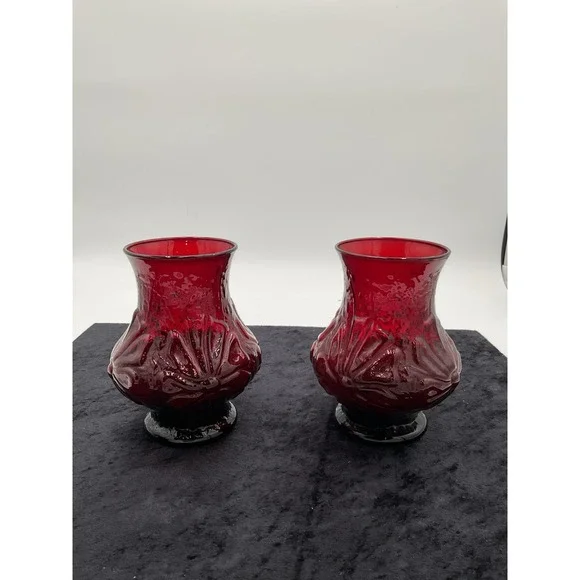 2 VIntage Royal Ruby Red Rainflower Anchor Hocking Mid Century Vases 1950s