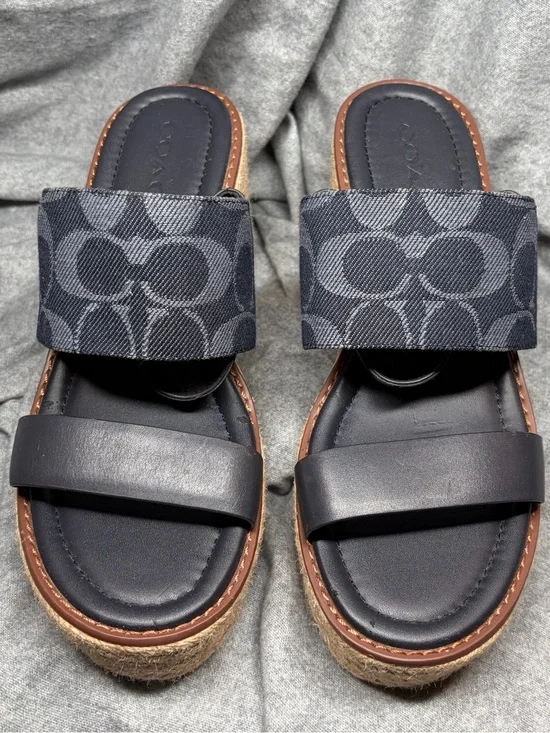 Coach Navy/Denim Signature Espadrille Wedge Sandals