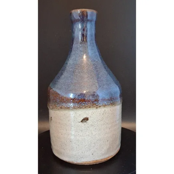 Signed Studio Pottery Vase Blue Beige Two Tone Glazed Bottle 7 Inch