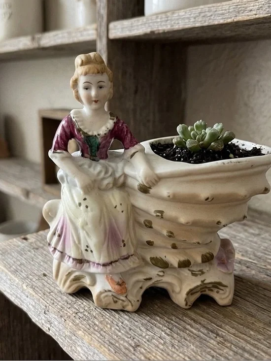 Vintage Figurine Planter with Pink and Cream Accents