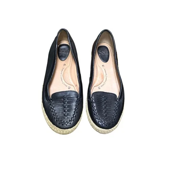 Soft Women's Black Leather Espadrille Flats Stitched Details & Jute Soles Size 9