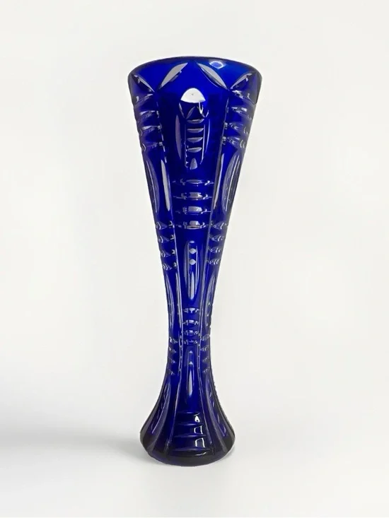 Vintage Cobalt Blue Cut Crystal Vase 12” Pedestal Geometric Art Glass Heavy Read