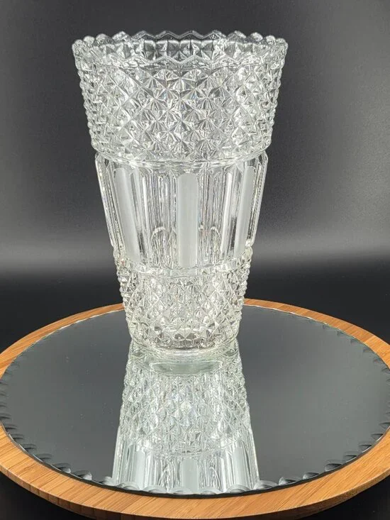 Vtg Heřmanova Huť Czech Glass Vase Sklo Union Frosted Satin Panels Diamond Point