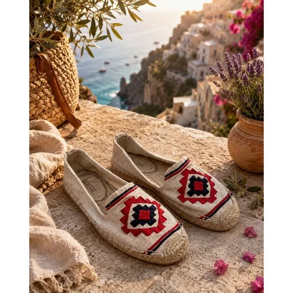 Soludos Womens Geometric Embroidered‎ Canvas Espadrille Smoking Slipper Flats 7