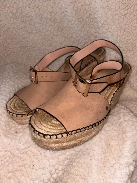 Kate Spade Nude Leather Espadrille Wedge Sandals Ankle Strap 10M