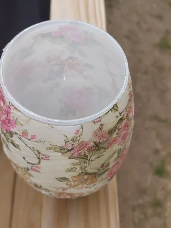 Floral Decoupage Ceramic Vase in Cream with Pink and Yellow Flowers