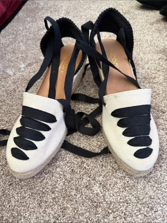 Canvas Espadrille Flats with Black Lace-Up Detail - Cream/Black