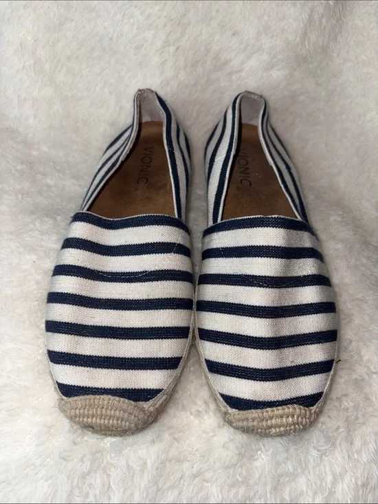 Vionic Valeri Striped Canvas Espadrille Flats Navy Blue White Orthotic Support