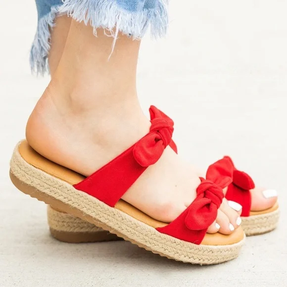 Bamboo Bow Tie Espadrille‎ Flatform Slip-On Sandals Red Womens Size 8