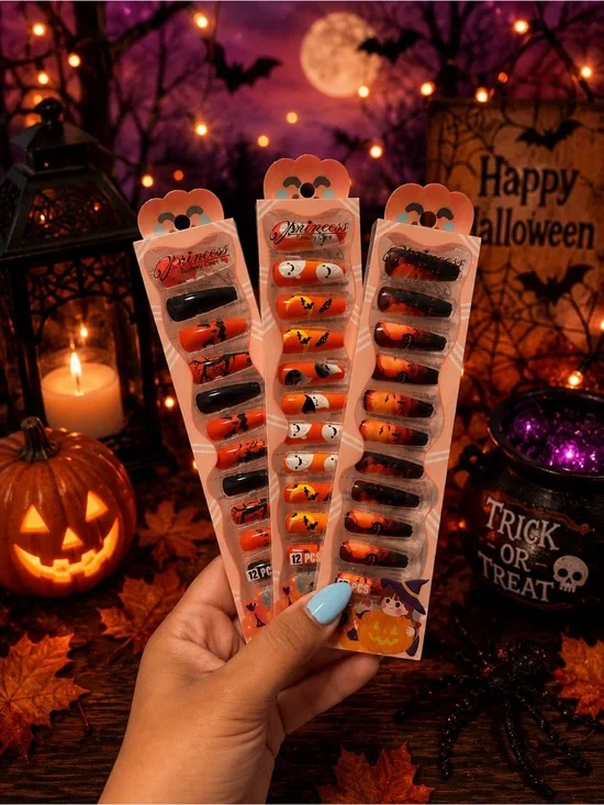 Prince Halloween Press-On Nails - Orange & Black Pumpkin Ghost Designs