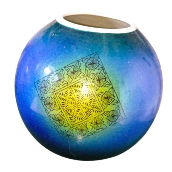 Vintage‎ Japanese Art Pottery Vase Blue Green Floral Medallion Signed Japan