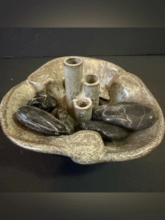 Studio Pottery Ceramic Ikebana Frog Vase Flower Dish Rustic Tan Artist Signed