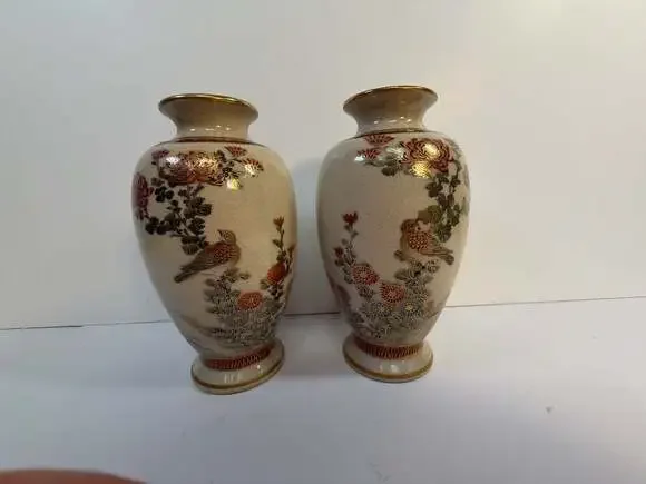 Vintage Japanese Satsuma Style Crackle Glaze Floral Bird‎ Vases Set of 2