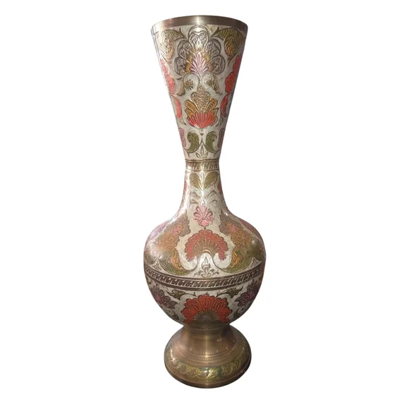 Penco Industries‎ Vintage Large Red & Gray Enamel On Brass Cloisonne Vase 14