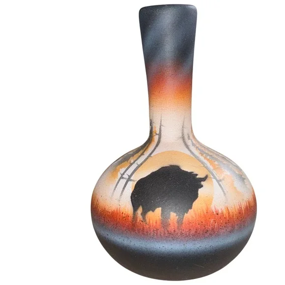 Native American Style‎ Bison Sunset Vase Hand Painted Pottery Art Decor