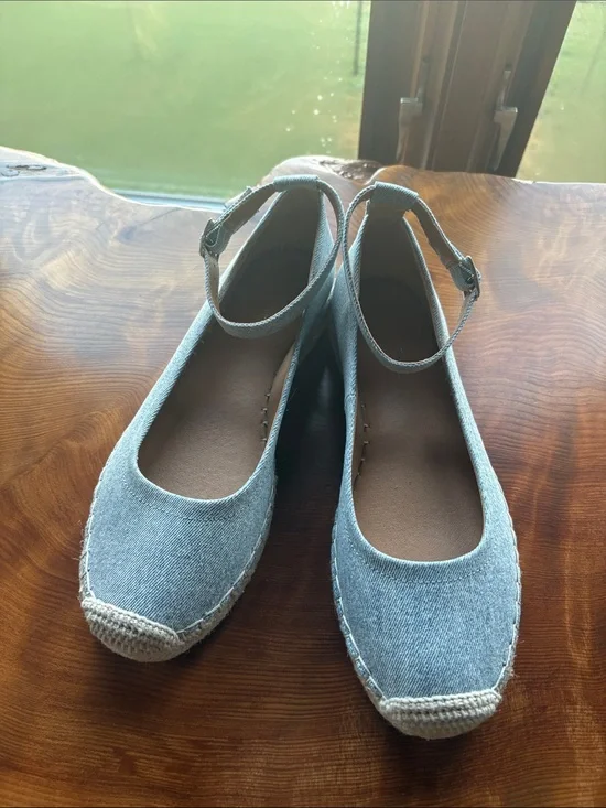 Crown Vintage Denim Espadrille Ankle-Strap Flats in Light Blue