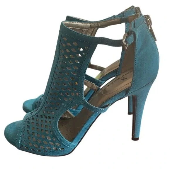 Worthington Raskel Heels 6.5 Teal Faux Suede Laser Cut Peep Toe Stiletto