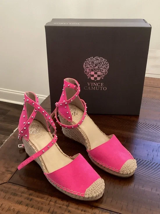Vince Camuto Hot Pink Studded Ankle-Wrap Espadrille Wedges