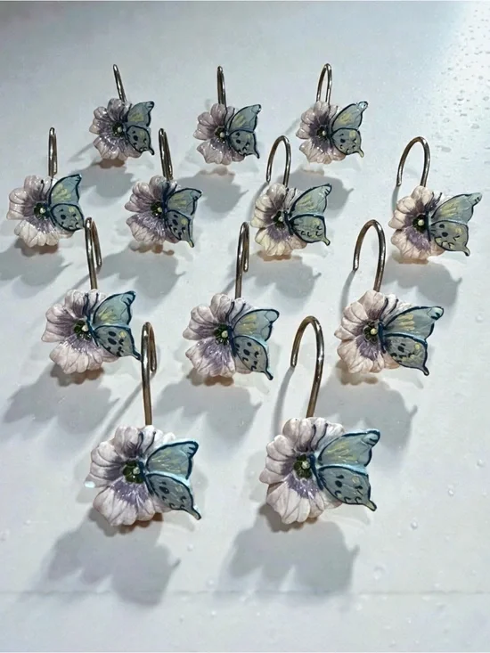Vintage Butterfly Flower Shower Hooks - Pale Blue & Light Lavender (Set of 12)