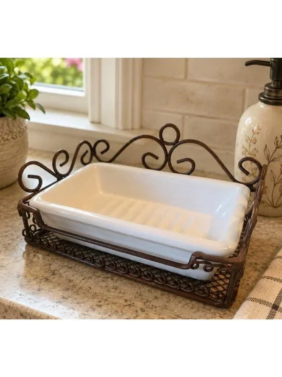 White Ceramic Soap Dish with Wrought Iron Holder Scrolled Brown Metal EUC