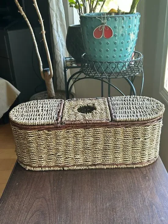 Wicker Rattan 3-Part Basket Tissue TP Holder Organizer Storage Hinged