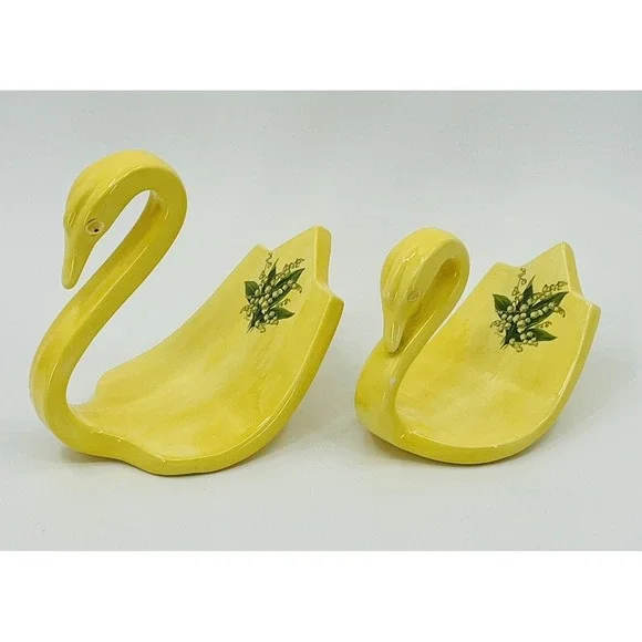 Vintage Ceramic Swan Towel Holders Lily of the Valley Bathroom Countertop Decor