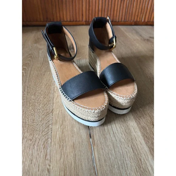 See By Chloe NWOT Glyn Black Leather Platform Espadrilles Wedge Sandals‎ Size 36
