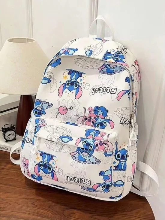 White Cartoon Stitch Print Backpack - Blue & Pink Accents