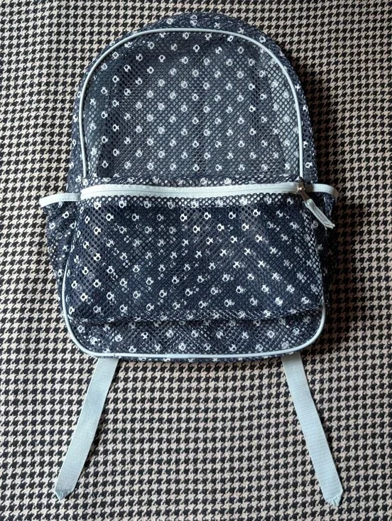 large navy blue, white, & light blue polka dot mesh see-through backpack