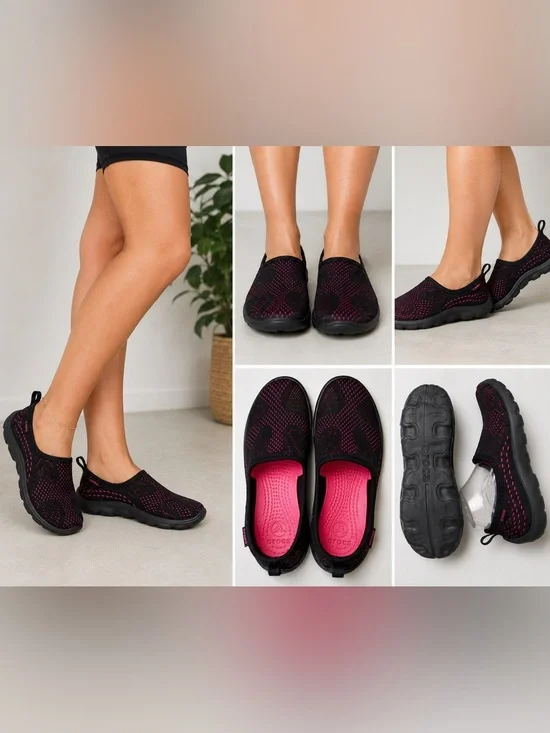 Crocs Water Shoes Women 8 Black Pink Mesh Slip On Beach River Travel Comfort