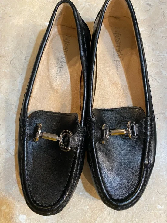 Life Stride Black Leather Loafers with Silver Hardware