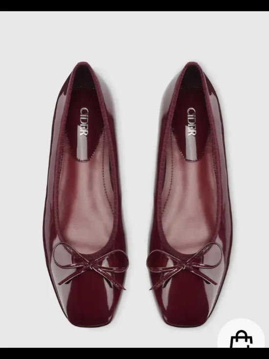 Wine Square Toe Flats With Bow Detail. Adorable Shoe With Patent Finish.