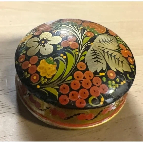 Hand Painted Ukrainian Petrykivka Lacquer Wood Trinket Jewelry Box Floral Folk