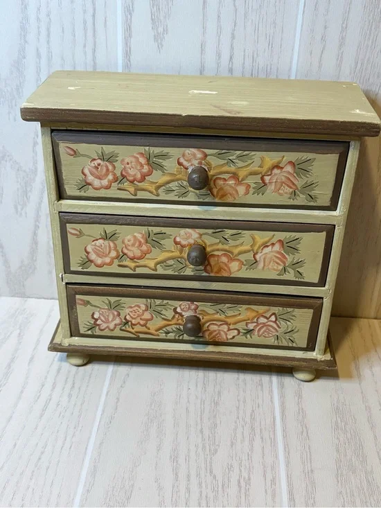 Vintage wooden jewelry box mini dresser floral cottage core