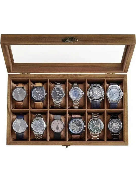 Wood Watch Box Organizer 12 Slot Glass Lid Display Case Rustic Walnut Storage
