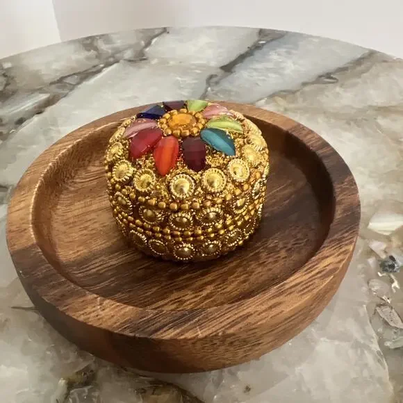 Vintage Palawan Philippines Wood Dish & Indian Jeweled Kumkum Ring Pill Box Lot