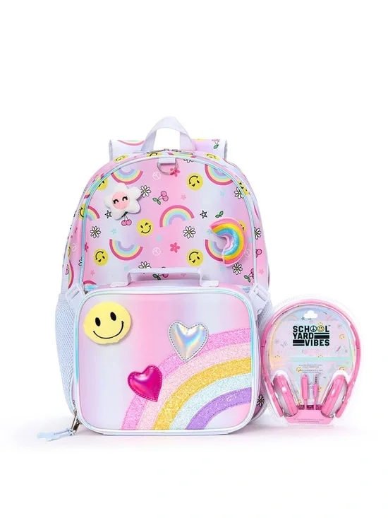 Pink Rainbow Kids Backpack Set with Headphones and Lunch Box WD5