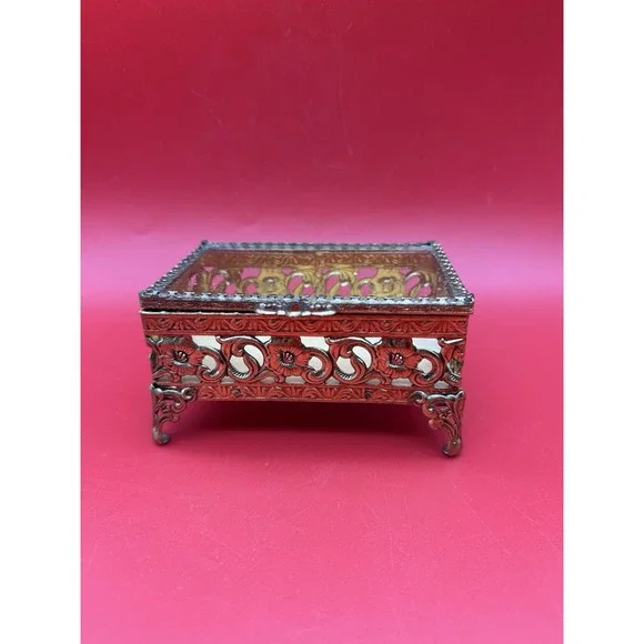 Vintage Floral Filigree Ormolu With Glass Top Jewelry Casket Box Velvet