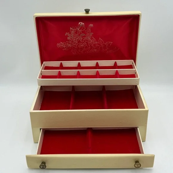 Vintage Cream Faux Leather Jewelry Box Red Lining Floral Rose Cantilever Drawer