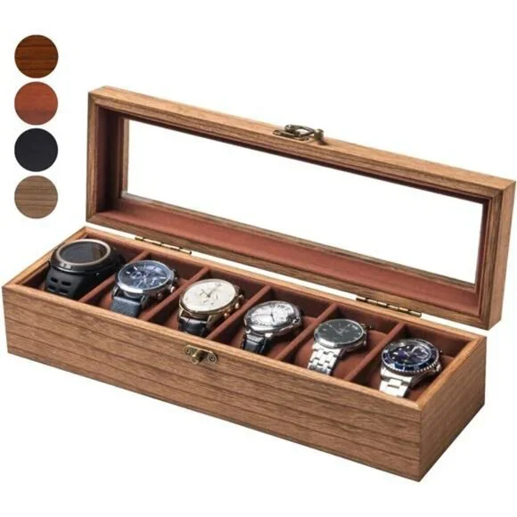 Wood Watch Box Display Case 6 Slot Glass Lid Storage Organizer for Men Women