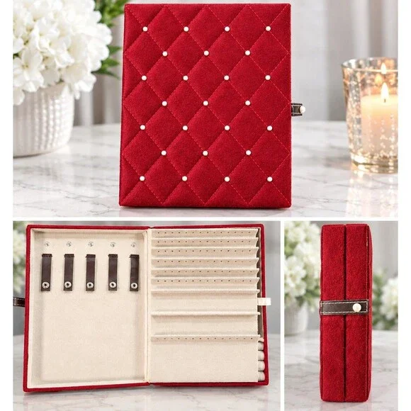 Red Velvet Jewelry Organizer Box with Faux Pearl Accents – Necklace, Ring &...