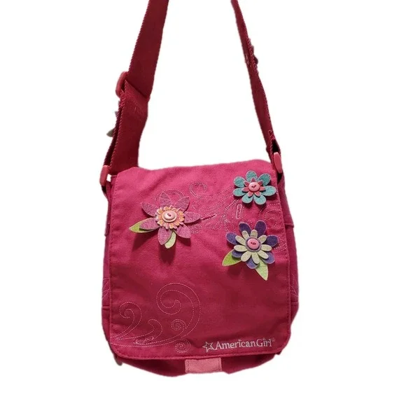 American Girl Pink Canvas Crossbody Bag Floral Applique Embroidered Purse Girls