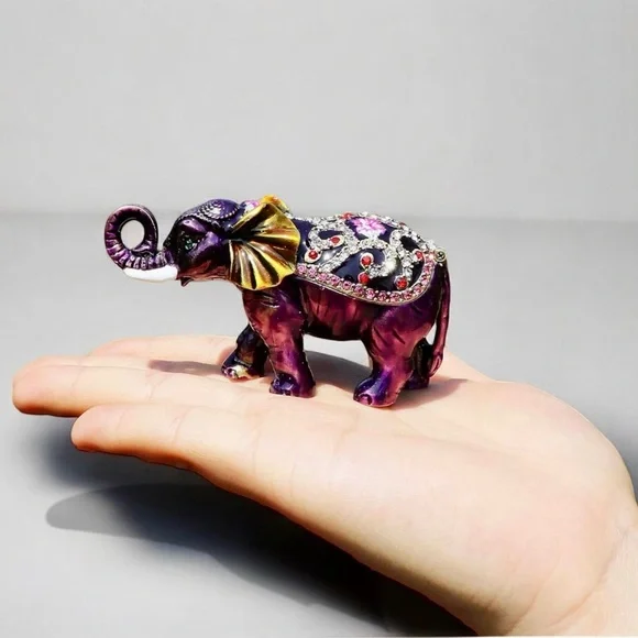 Hand-Painted Purple Jeweled Elephant Trinket Box with Crystals – NIB