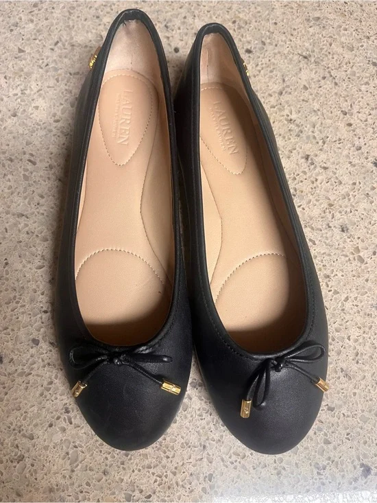Lauren Ralph Lauren Black Leather Bow Ballet Flats with Gold Accents